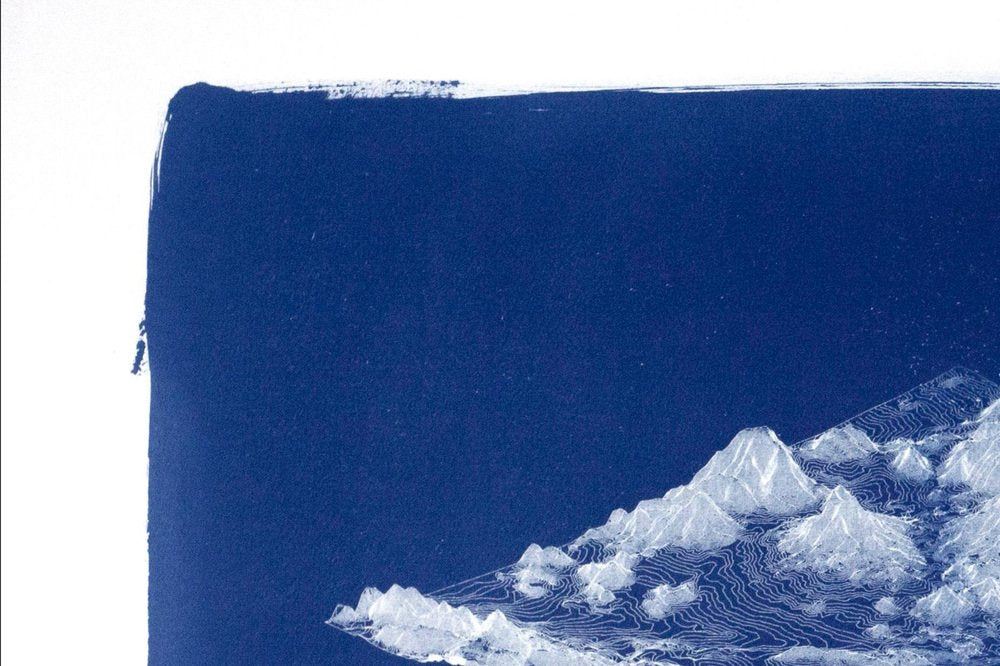 Kind of Cyan, 3D Render Mountain Landscape in Deep Blue Tones, 2021, Cyanotype