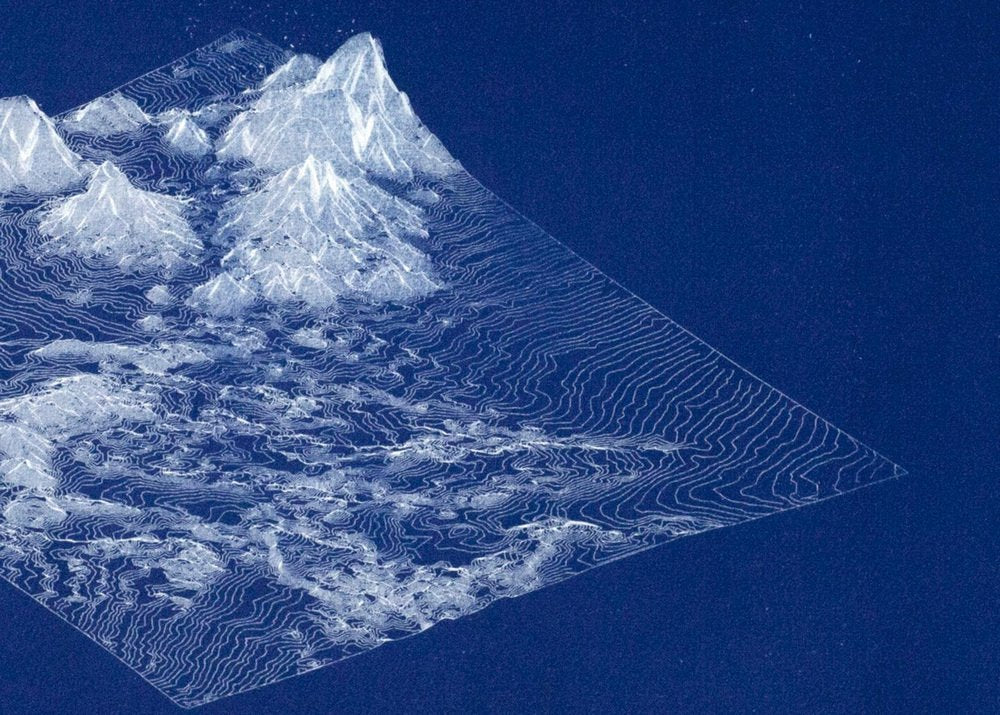 Kind of Cyan, 3D Render Mountain Landscape in Deep Blue Tones, 2021, Cyanotype