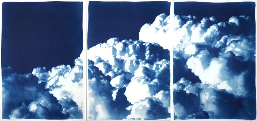 Kind of Cyan, Multipanel Triptych with Serene Clouds, 2021, Cyanotype-RWC-1399475