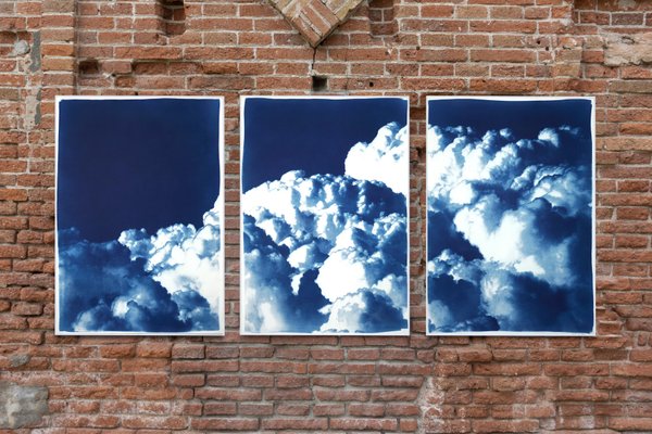 Kind of Cyan, Multipanel Triptych with Serene Clouds, 2021, Cyanotype-RWC-1399475