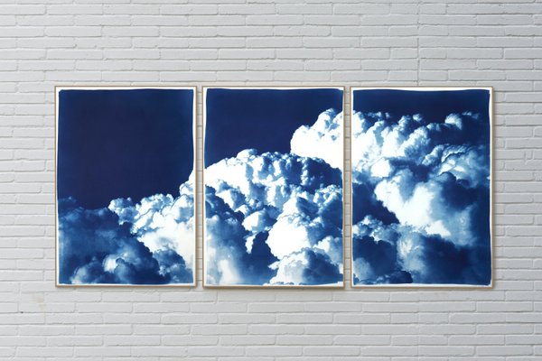 Kind of Cyan, Multipanel Triptych with Serene Clouds, 2021, Cyanotype-RWC-1399475