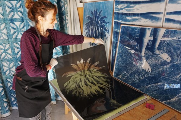 Kind of Cyan, Multipanel Triptych with Serene Clouds, 2021, Cyanotype-RWC-1399475