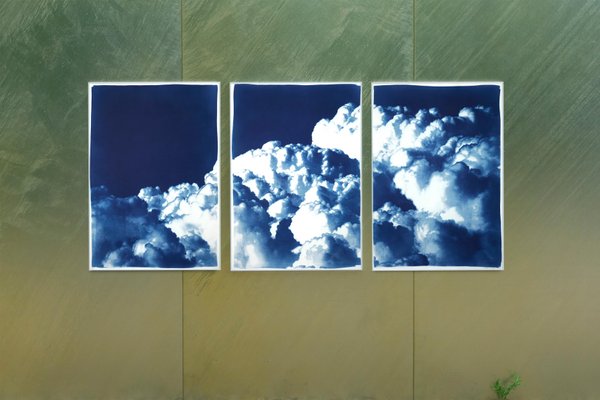 Kind of Cyan, Multipanel Triptych with Serene Clouds, 2021, Cyanotype-RWC-1399475