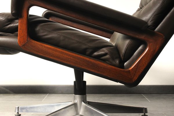 King Chair with Footrest in Brown Leather by André Vandenbeuck for Strässle, 1970s, Set of 2-IV-1801161