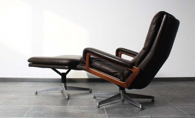 King Chair with Footrest in Brown Leather by André Vandenbeuck for Strässle, 1970s, Set of 2-IV-1801161