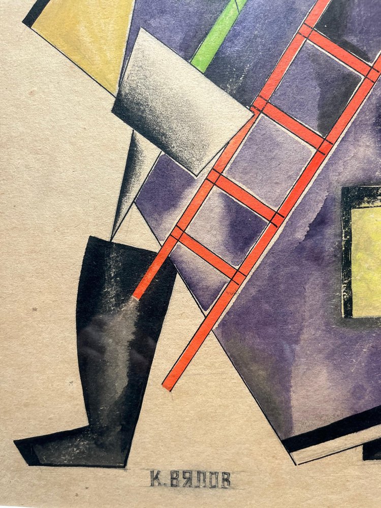 Konstantin Aleksandrovic Vialov, Constructivist Theatrical Costume, Watercolor & Ink, 1920, Framed