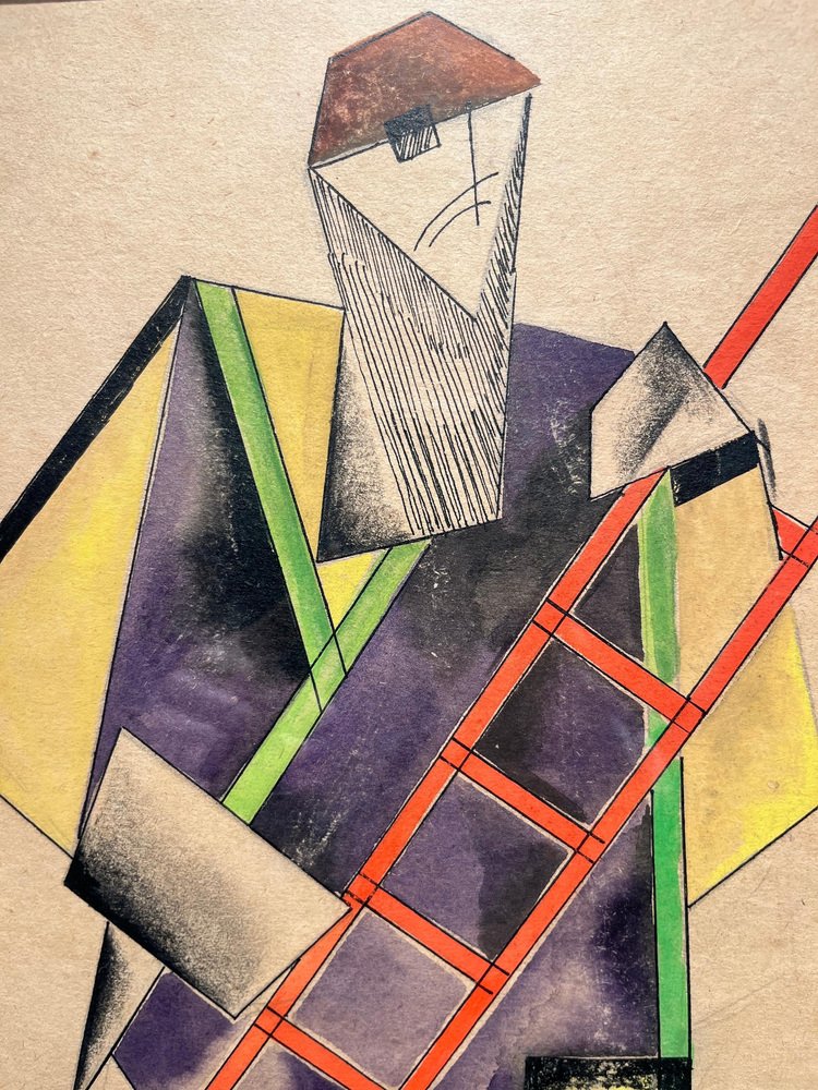 Konstantin Aleksandrovic Vialov, Constructivist Theatrical Costume, Watercolor & Ink, 1920, Framed