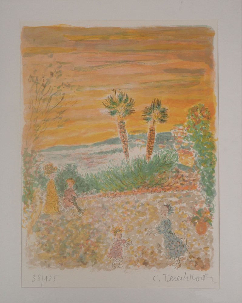 Kostia Terechkovitch, Children in the Garden on the Heights of Nice, Original Lithograph