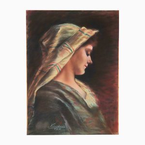 Kurucsai, Portrait of a Lady with a Scarf, 1928, Pastel on Paper-QOR-2026899