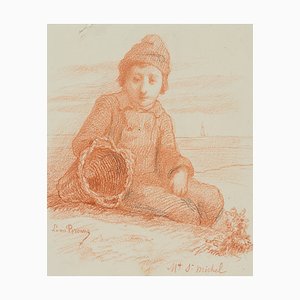 L. Browne, Fishing Boy Sitting on the Beach, 1853, Chalk on Paper-OJR-1273322