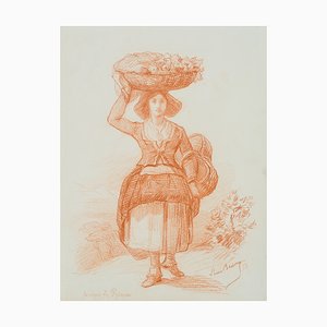 L. Browne, Young Büuerin in Tracht, Pyrenüen, 1853, Chalk on Paper-OJR-1273326