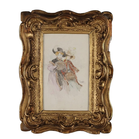 L. Rossi, Portrait of Two Young Women, Watercolor, Framed