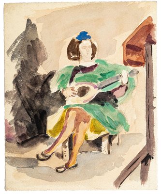 La Guitariste - China Ink and Watercolor Drawing by Jean Chapin - Early 1900 Early 1900-ZCI-757591