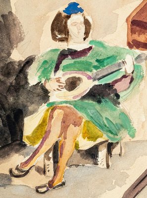 La Guitariste - China Ink and Watercolor Drawing by Jean Chapin - Early 1900 Early 1900-ZCI-757591