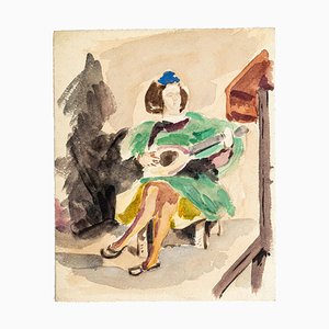 La Guitariste - China Ink and Watercolor Drawing by Jean Chapin - Early 1900 Early 1900-ZCI-757591