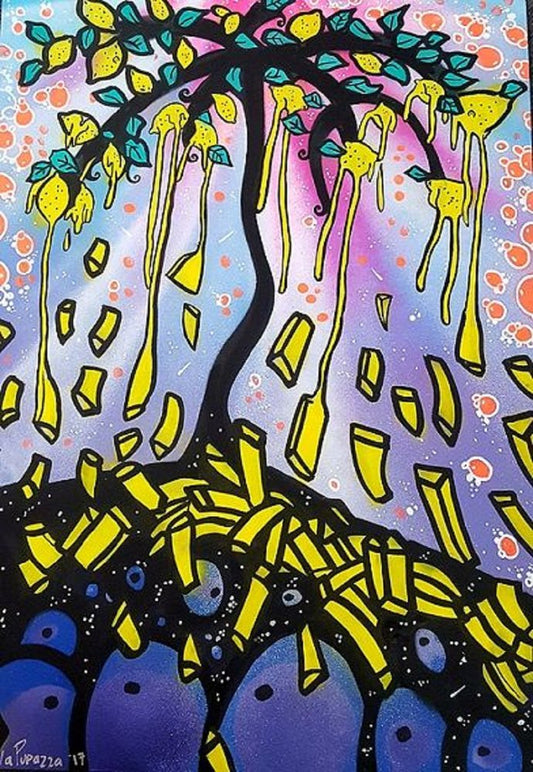 La Pupazza, French Fries and Lemon Tree, Acrylic and Spray on Paper