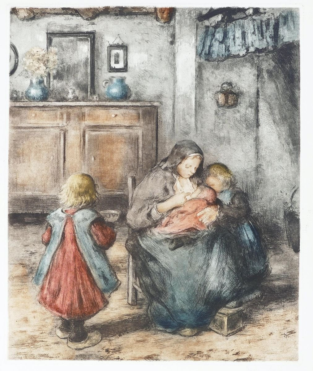 La Tétée de la Mère et ses Enfants - Original Etching by F. Charlet - Early 1900 Early 1900