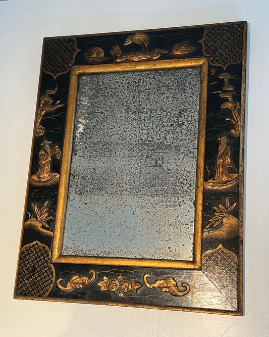 Lacquered and Gilded Mirror with Chinoiserie Decoration in the style of Maison Jansen, 1940