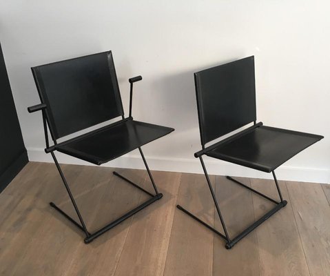 Lacquered Metal and Leather Armchairs and Chairs, 1970s, Set of 4-BA-658556