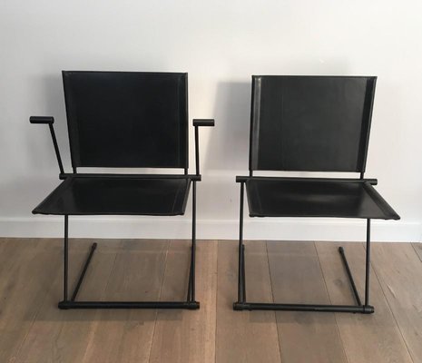 Lacquered Metal and Leather Armchairs and Chairs, 1970s, Set of 4-BA-658556