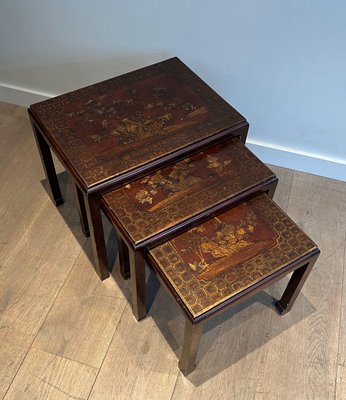 Lacquered Nesting Tables with Chinese Details, 1940s, Set of 3-BA-1700707