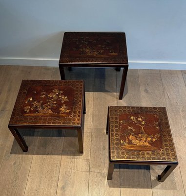 Lacquered Nesting Tables with Chinese Details, 1940s, Set of 3-BA-1700707