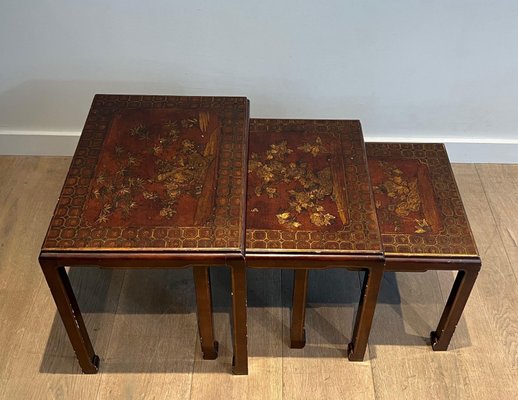 Lacquered Nesting Tables with Chinese Details, 1940s, Set of 3-BA-1700707