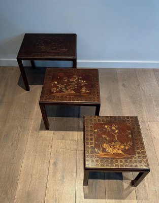 Lacquered Nesting Tables with Chinese Details, 1940s, Set of 3-BA-1700707