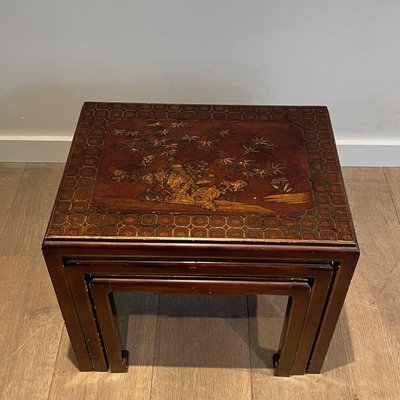 Lacquered Nesting Tables with Chinese Details, 1940s, Set of 3-BA-1700707