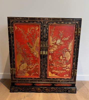 Lacquered Wood Cabinet with Chinese Decorations, 1940s-BA-1741919