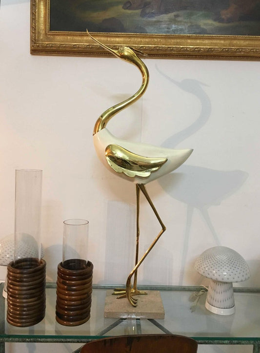 Lacquered Wood & Gilded Bronze Heron Sculpture by Antonio Pavia, 1970s