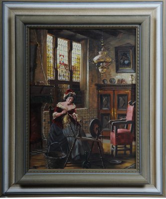 Lady at the Spinning Wheel, 20th Century, Oil on Canvas, Framed-FLW-1402167