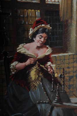 Lady at the Spinning Wheel, 20th Century, Oil on Canvas, Framed-FLW-1402167