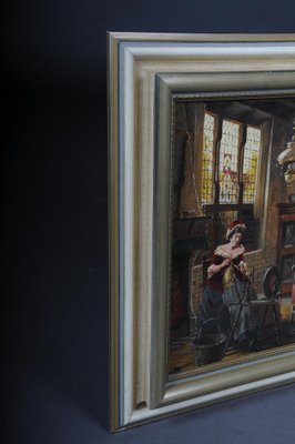 Lady at the Spinning Wheel, 20th Century, Oil on Canvas, Framed-FLW-1402167