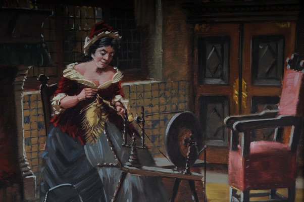 Lady at the Spinning Wheel, 20th Century, Oil on Canvas, Framed-FLW-1402167