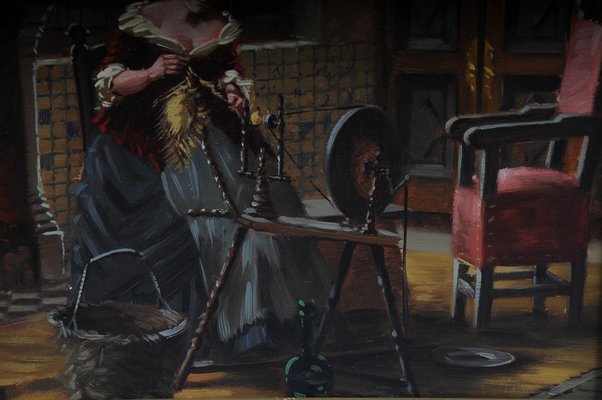 Lady at the Spinning Wheel, 20th Century, Oil on Canvas, Framed-FLW-1402167