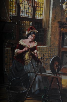 Lady at the Spinning Wheel, 20th Century, Oil on Canvas, Framed-FLW-1402167