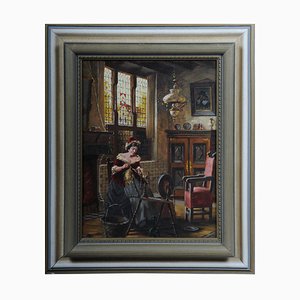 Lady at the Spinning Wheel, 20th Century, Oil on Canvas, Framed-FLW-1402167