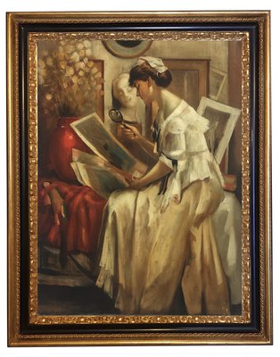 Lady Reading, French School, Oil on Canvas, Framed-YUW-1317038