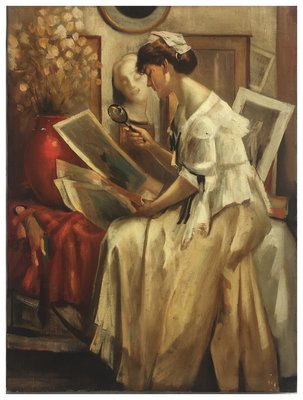 Lady Reading, French School, Oil on Canvas, Framed-YUW-1317038