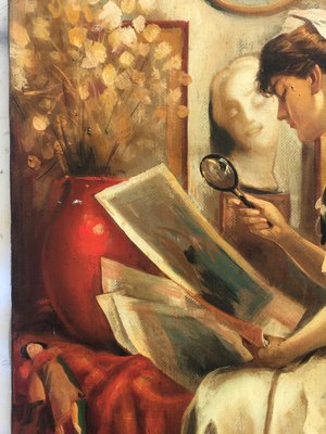 Lady Reading, French School, Oil on Canvas, Framed-YUW-1317038