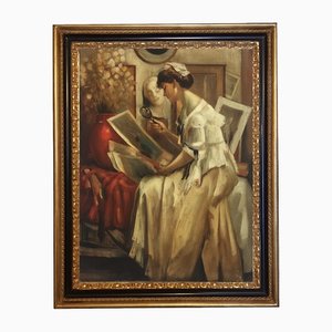 Lady Reading, French School, Oil on Canvas, Framed-YUW-1317038