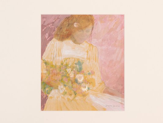 Lady with Flowers, Gouache on Cardboard, Framed-GPP-1066623