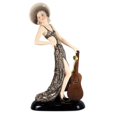 Lady with Hat and Guitar Figure attributed to Stephan Dakon for Goldscheider, Vienna, 1934-EMT-1818047