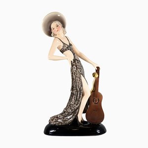 Lady with Hat and Guitar Figure attributed to Stephan Dakon for Goldscheider, Vienna, 1934-EMT-1818047