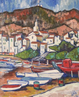 Lafita, Fishing Village with Boats, 1974, Oil on Board-AOI-1106777