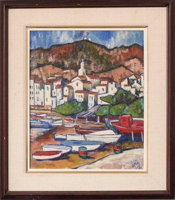 Lafita, Fishing Village with Boats, 1974, Oil on Board-AOI-1106777