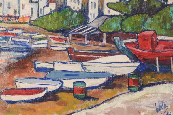 Lafita, Fishing Village with Boats, 1974, Oil on Board-AOI-1106777