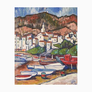 Lafita, Fishing Village with Boats, 1974, Oil on Board-AOI-1106777