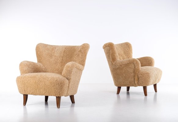 Laila Armchairs in Sheepskin by Ilmari Lappalainen for Asko, 1950s, Set of 2-QU-1761361